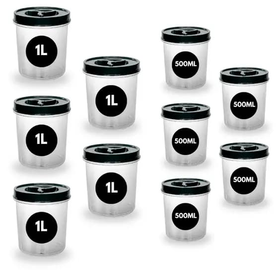 Jogo 10 Potes Redondo 5 De 1 Litro + 5 de 500ml Transparente Tampa Rosca Pote Mantimento BPA FREE