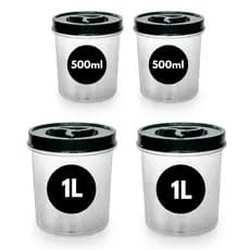 Kit 4 Potes Redondo 2 de 1 Litro + 2 de 500ml Transparente Tampa Rosca Pote Mantimento Açúcar Bombom