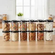 Jogo 12 Potes Redondo 1 Litro Transparente Tampa Rosca Pote Mantimento BPA FREE Cereais Biscoito