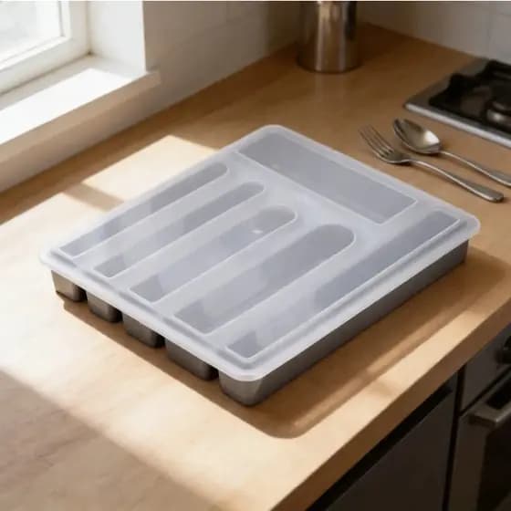 Organizador de Gaveta Porta Talher com Tampa 6 Divisórias Porta Talheres de Mesa Faqueiro Plástico
