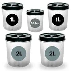 Kit 5 Potes REDONDO Mantimento Tampa Rosca 2 de 2L + 2 de 1L + 1 de 500ml Café Açúcar Cereal Farinha