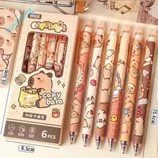 6 Pcs Caneta Capivara , De Escrita Fofa Kawaii De Desenho Animado Gel Apagável Tinta Azul Preta0.5mm