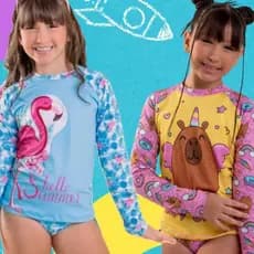 Conjunto Infantil Praia UV50+ Blusa Proteção Solar Manga Comprida+Calcinha de Biquíni Menina Stitch Cisne Flamingo Polvo