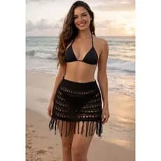 Saia Saida de Praia Franjinha Tricot Coz Elastico Que se Ajusta ao Corpo Moda Praia e Piscina