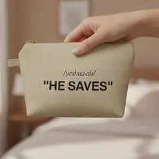Necessaire de Linho Bege com Estampa Cristã Minimalista "Yeshua He Saves"