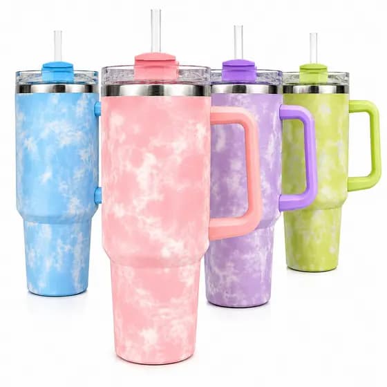 Copo Térmico Marmorizado Degradê 1200ml Com Alça Tampa E Canudo Aço Inox