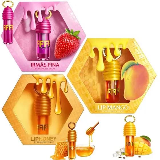 Kit com 3 Gloss Labiais - Brilho Intenso Espelhado Hidratação Não Gruda – Mel + Morango + Manga