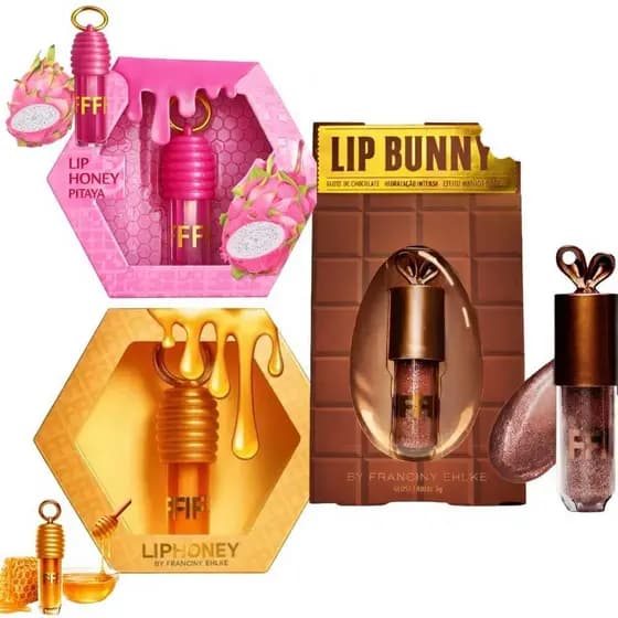 Kit com 3 Gloss Labiais - Brilho Intenso Espelhado Hidratação Não Gruda – Mel - Pitaya + Chocolate