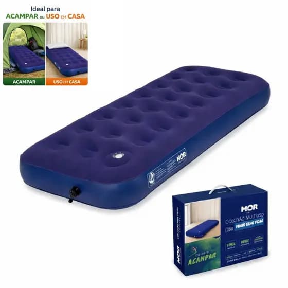 Colchão Inflável Solteiro MOR Azul com Fole Embutido Portátil para Camping e Viagens