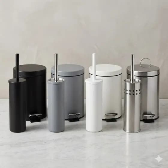 Kit Banheiro Premium Elegance: Lixeira Pedal 3L/5L + Escova Sanitária c/ Suporte Matte Cores ou Inox