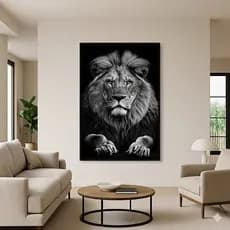 Quadro com Moldura e VIDRO  Leão Selvagem Petro e Branco Moderno Preto e Branco Premium Grande 90X60