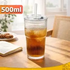Copo de Vidro Canelado Com Canudo Alto 500ml Para Café Gelado Capuccino Com Tampa Anti Vazamento
