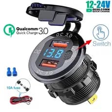 Carga Rápida Do Carro QC 3.0 36W Tomada De Carregador USB Duplo À Prova D'água Com Interruptor Voltímetro Para Caminhão De Barco ATV De Motocicleta 12V/24