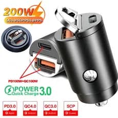 Mini 200W PD QC Puxar Anel De Carregamento Rápido Carregador Carro USB C Adaptador Telefone Do Para iPhone 13 12 Xiaomi