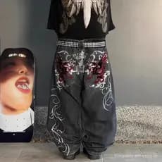 Europeu americano Retro americano solto impresso em linha reta na moda dança de rua Hip-Hop Jeans calças hiphop