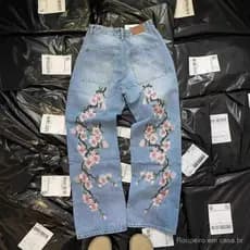 Moda rua Wear flor impressão Jeans das mulheres dos homens americano Retro lavado verão novo estilo Casual calças soltas