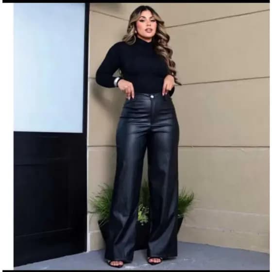 Calça Pantalona Feminino Couro Fake  Cintura Alta | Moda Blogueira Estilo Retro fashion Moda Blogueira