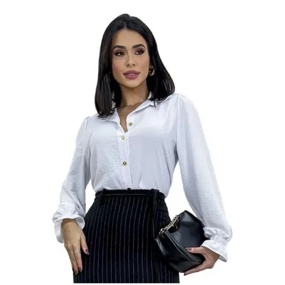 Camisa Feminina Social com Botão  Manga Longa Elegante no Tecido Duna  Super Tendências Moda