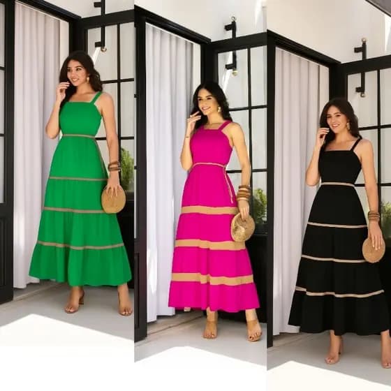 Vestido Longo Liso  Feminina Bicolor Conforto  Casual Tecido Duna