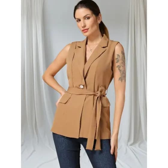 Colete feminino longo comprido alfaiataria moda gringa cinto colete social