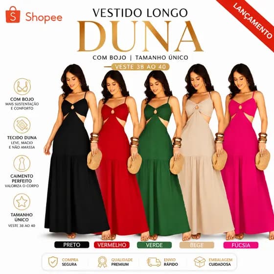 Vestido Longo Feminino Elegante De Argola Tem Bojo Forro Modelo Alcinha Regulável Moda Verão