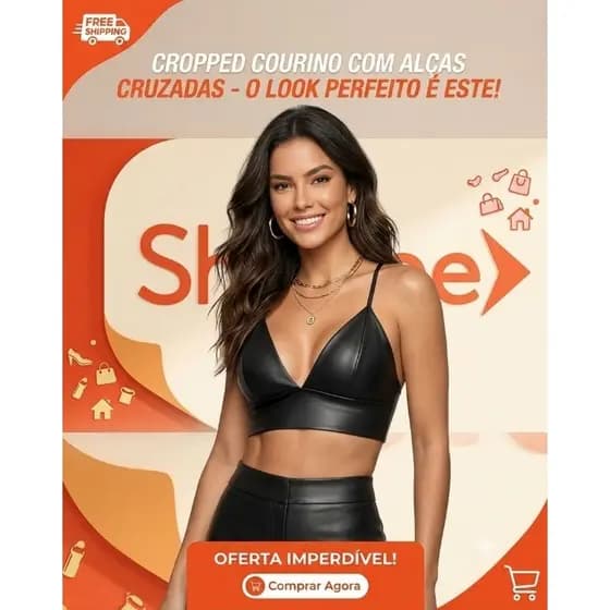 Blusa Top Cropped Sutiã Feminino Couro Com Bojo   Com Alça cruzada Fake Festa Balada Luxo