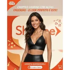 Blusa Top Cropped Sutiã Feminino Couro Com Bojo   Com Alça cruzada Fake Festa Balada Luxo