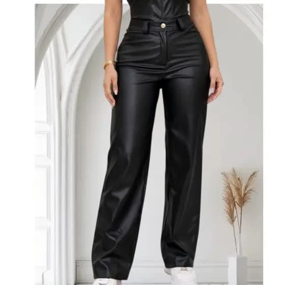 Calça Pantalona Feminina  Couro Fake Wid Leg Tendencia Luxo Balada