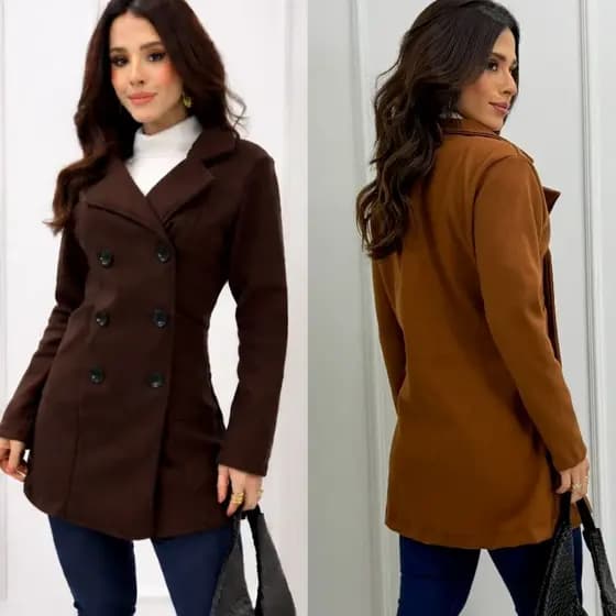 Casaco  lã Batida Sobretudo Feminino Inverno C/ Botões Gola Dobável Flanelado Moda