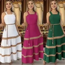 Vestido Longo Liso  Feminina Bicolor com forrto Casual Tecido Duna