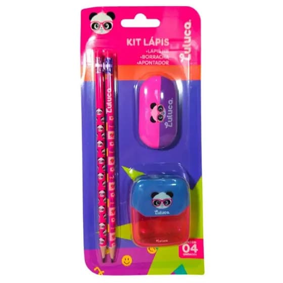 Oferta Kit Escolar Luluca Lápis Borracha Apontador Duplo Pandinha--