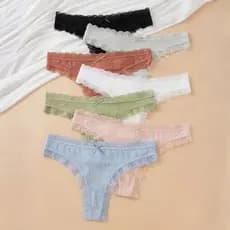 Kit 5 Calcinha de Algodão Feminina Lisa Fio Dental Canelada Calcinha de Algodão com Renda e Laço