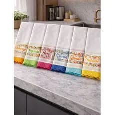 Kit Com 7 Panos De Prato Semaninha Algodao Bordado Luxo Grande Absorcao Bolsinha Organizadora