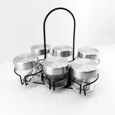 Porta Temperos Giratório Inox 6 Potes Vidro Organizador de Cozinha