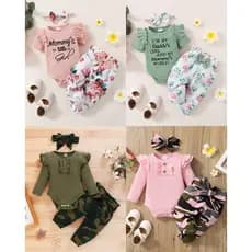 Conjunto De Roupas De Bebê Menina Infantil 0-18 Meses Macacão De Manga Longa + Calça De Camuflagem + Faixa De Cabeça De