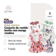 Vestido Longo Rosa De Manga Comprida Para Bebês De 0 A 2 Anos , Gola Redonda , Emparelhado Com Conjunto De Branco