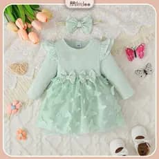Mikrdoo Para 0-3 Anos Recém-Nascido E Criança Bebê Menina Verde Borboleta Estampado Vestido De Malha Grosso Manga Compri