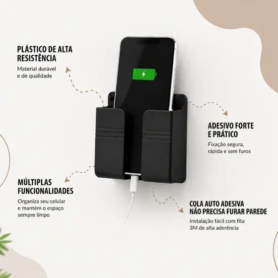 Kit /4/2/1 Suporte De Parede Porta Celular Carregar Multiuso Organizador Quarto Cozinha Sem Furo