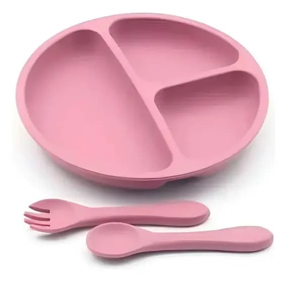 Kit Refeição Infantil Mimo Style Silicone Rosa Jogo 3pçs Prato e Talheres para Bebê