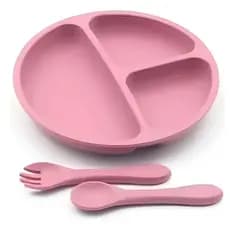 Kit Refeição Infantil Mimo Style Silicone Rosa Jogo 3pçs Prato e Talheres para Bebê