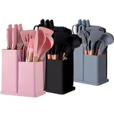 Jogo 19 Peças Utensílios de Cozinha Silicone Cabo Madeira Completo