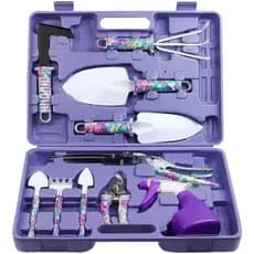 Kit jardinagem pro 10 peças metal maleta tesoura ancinho rastelo Floral Roxo