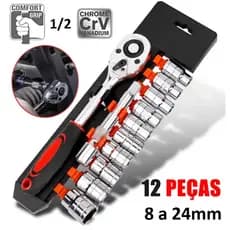 Chave De Catraca Reversivel 1/2 Soquete Sextavado 12 peças 8 a 28 mm extensão kit jogo