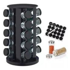 Porta tempero condimentos  20 potes giratório preto redondo caneta e etiqueta