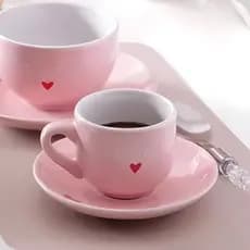 Jogo Xícaras e Pires Café Espresso Porcelana 12 Peças 90ml Rosa 6 Xícaras e 6 Mesa Posta Casa Nova