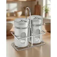 Jogo Saleiro e Pimenteiro Suporte Porta Temperos Inox Vidro Sal Pimenta Mesa Posta 3 Peças Cozinha
