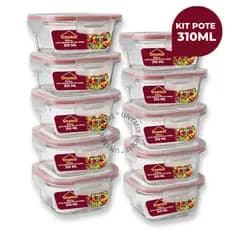 Kit 10 ou 5 Potes Vidro Herméticos  310ml  Quadrado Com Tampa - 4 Travas Premium