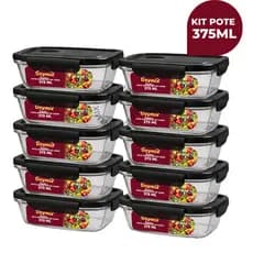 Kit 10 ou 5 Potes Vidro Hermético 375ml Retangular 4 Travas Marmita Premium Preto