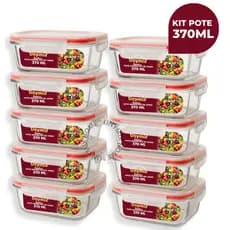 Kit 10 ou 5 Potes Vidro Hermético 370ml Retangular Marmita Premium