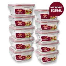 Kit 10 ou 5 Potes Vidro Herméticos 525ml Quadrado Marmita Fitness Premium